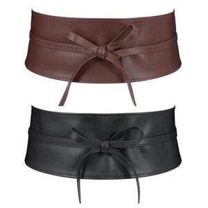 Women Pu Leather Obi Belts Wide Self Tie Bowknot Belts 2 Pack Fashion 9755